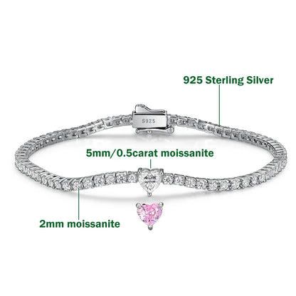2mm Round Moissanite Tennis Bracelets with 5mm Pink White Heart Cut Diamond Bracelet for Women Men 925 Sterling Silver Bangle