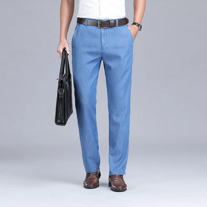 2024 New Men's Summer Thin Jeans Loose Stretch Large Size Ice Silk Straight Pants Elite Business Casual Pants Smoke Gray Blue