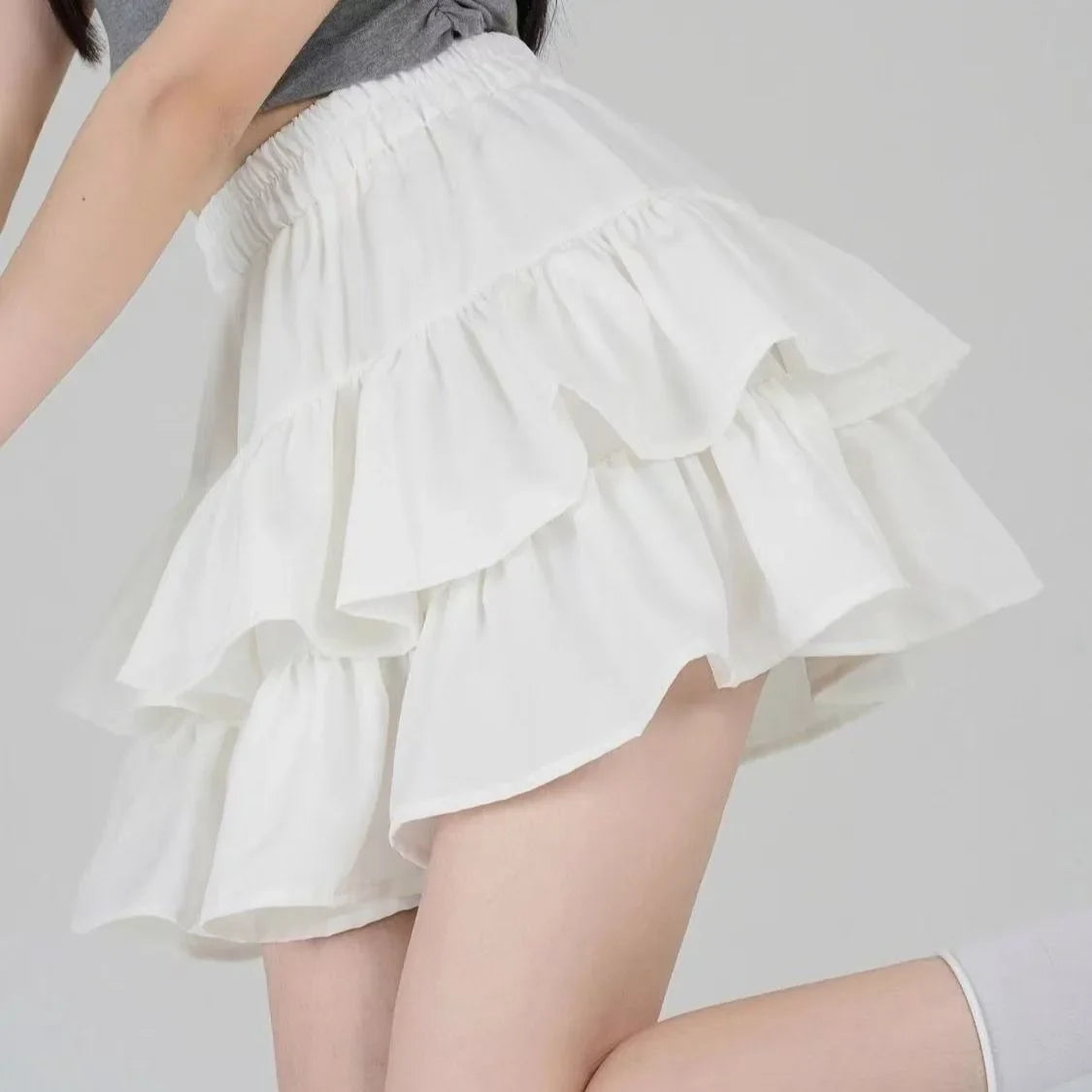 High Waist Layered Splice Short Skirt Pure Color Iron Free Polyester Blend Summer Cake Design Sweet Half Body Skirt