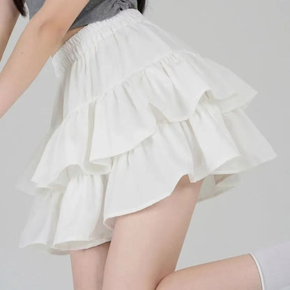 High Waist Layered Splice Short Skirt Pure Color Iron Free Polyester Blend Summer Cake Design Sweet Half Body Skirt