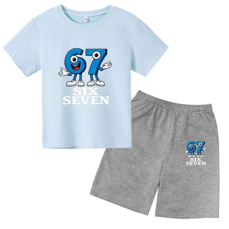 67 Funny Cartoon Number Print Kids Summer Casual 2PCS Breathable Tees+Short Pants Suits 2-13 Years Boys Girls Fashion Clothes