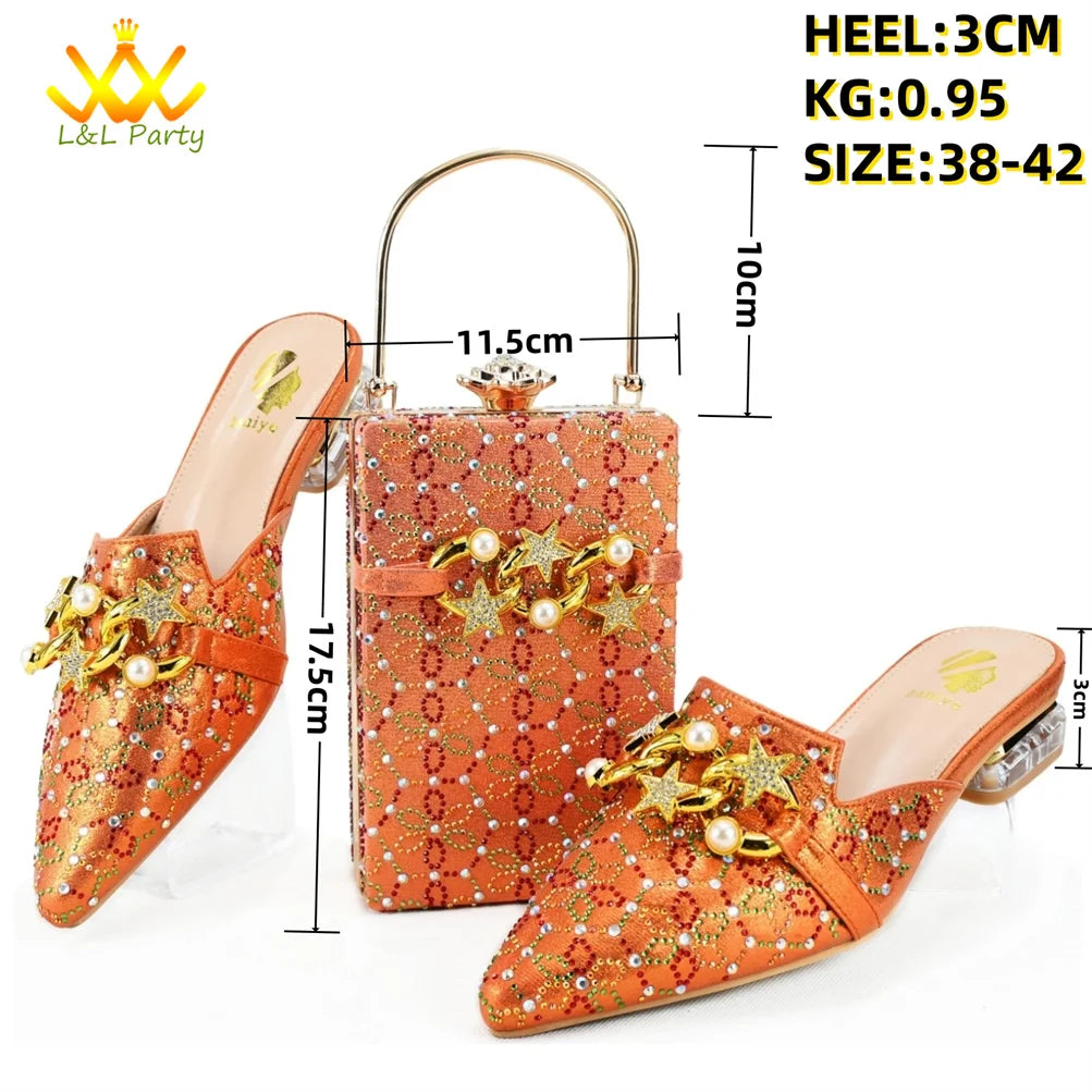Low Heels Comfortable Sweet Style Italian Design Shoes Matching Bag Set in Orange Color High Quality with Crystal for Dress