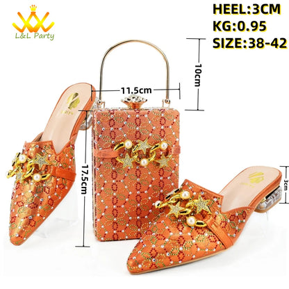 Low Heels Comfortable Sweet Style Italian Design Shoes Matching Bag Set in Orange Color High Quality with Crystal for Dress