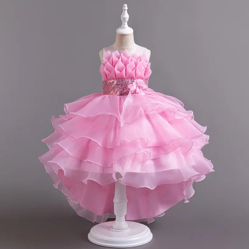Summer Children's Wedding Flower Girl Tail Organza Elegant Evening Dress Bow Cute Birthday Party Girl Princess Dress