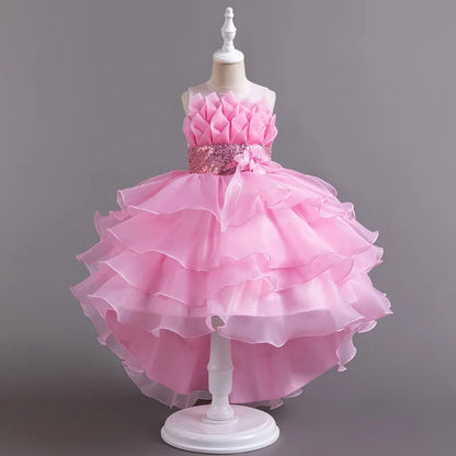 Summer Children's Wedding Flower Girl Tail Organza Elegant Evening Dress Bow Cute Birthday Party Girl Princess Dress