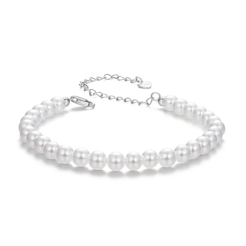 White Pearl Bracelets for Women, 925 Silver Adjustable Clasp Chain Faux Pearl Beaded Bracelets Bridal Wedding Jewelry
