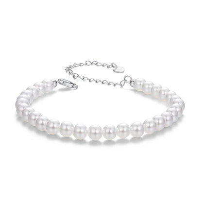 White Pearl Bracelets for Women, 925 Silver Adjustable Clasp Chain Faux Pearl Beaded Bracelets Bridal Wedding Jewelry