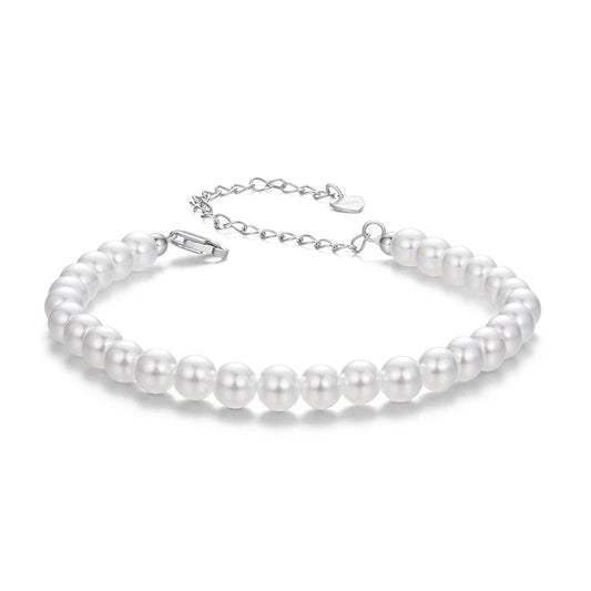 White Pearl Bracelets for Women, 925 Silver Adjustable Clasp Chain Faux Pearl Beaded Bracelets Bridal Wedding Jewelry
