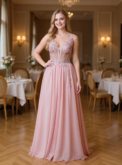 Dusty Pink Sheer Evening Dresses Lace Applique Spaghetti Straps V-Neck Backless Prom Dress Chiffon A-Line 2025 Formal Party Gown