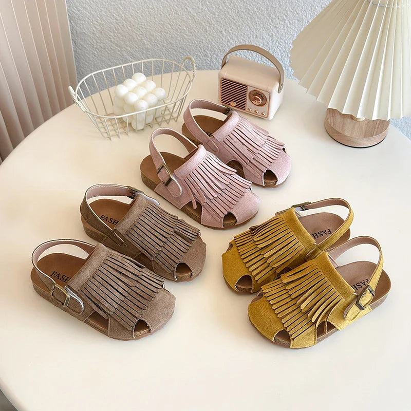 Summer Anti-Slippery Kids Suede Sandals for Girls Non-Slip Closed Toe Toddler Beach Shoes with Cute Tassels School Casual Wear