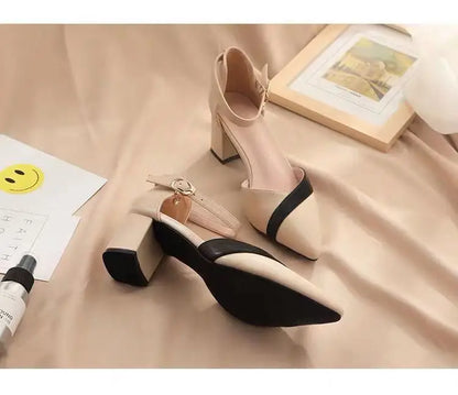 Sapatos femininos clássicos de salto quadrado bege bico fino para festa, senhoras, primavera, verão, fivela preta, couro PU, sapatilhas profissionais