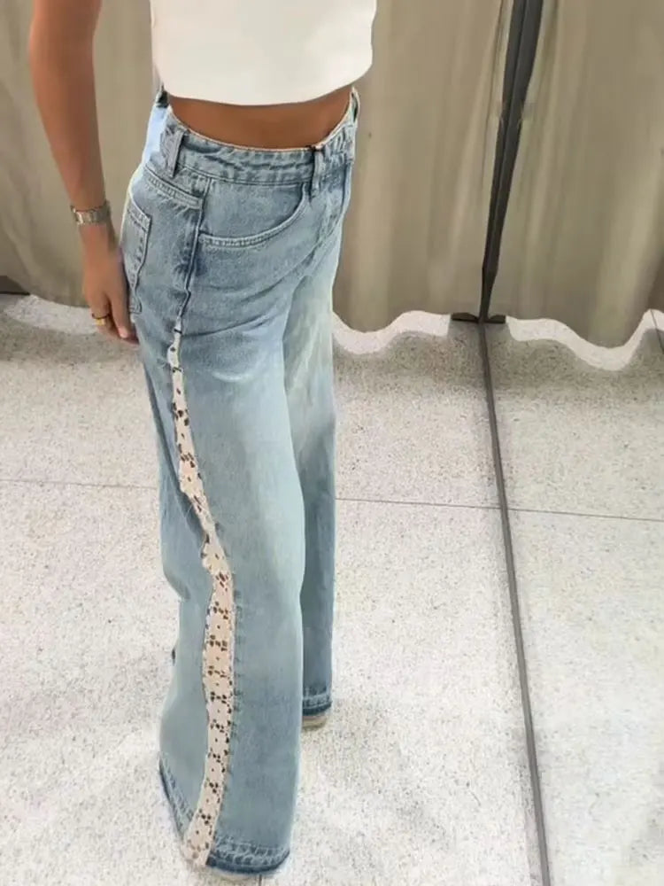 Side Lace Hollow Out Patchwork Jeans High Waist Wide Leg Denim Pants