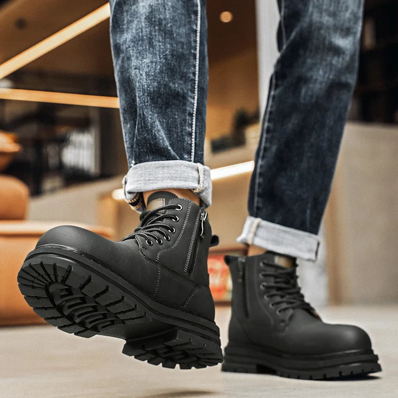 New autumn and winter men's boots rain boots high-top fashion side zipper motorcycle boots men's outdoor warm booties lacing 46