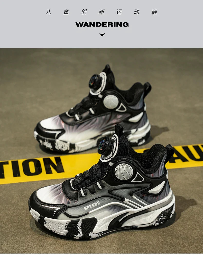 Children's basketball shoes boys' waterproof leather surface rotating buckle anti-slip and shock-absorbing student sports shoes