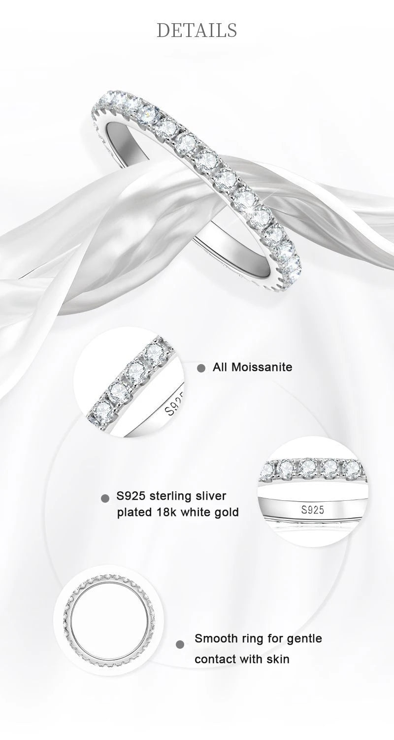 2mm D Color Moissanite Ring 925 Sterling Sliver Solid 18k White Gold Eternity Band Wedding Engagement Rings For Women