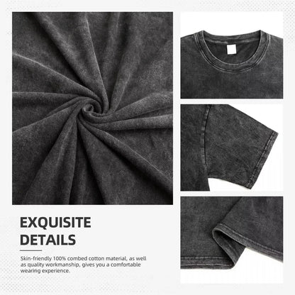 Short-Sleeved T-Shirt Retro Print Loose Fit Trendy Washed Cotton Tops for Men and Women