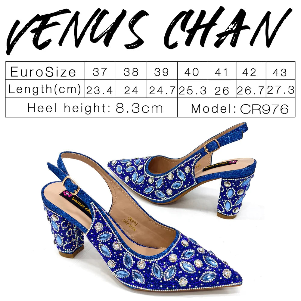 Elegant Nigerian Women's Blue Heels and Rhinestone Handbag Set - Italian Design for Weddings and Parties