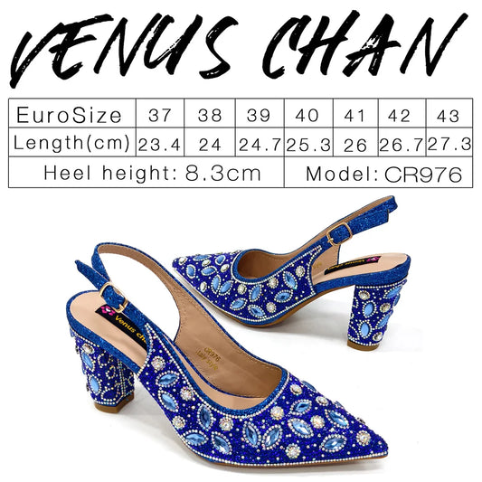 Elegant Nigerian Women's Blue Heels and Rhinestone Handbag Set - Italian Design for Weddings and Parties