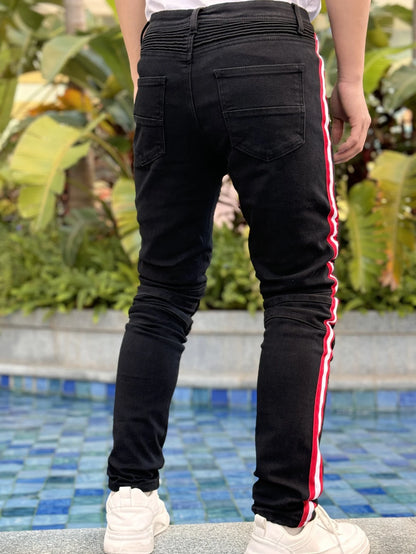 Y2K Men's Denim Hole-out Pants Patchwork Collection - Fashionable Trendy Street Hip-Hop Style Regular Fit Black Cotton Blend