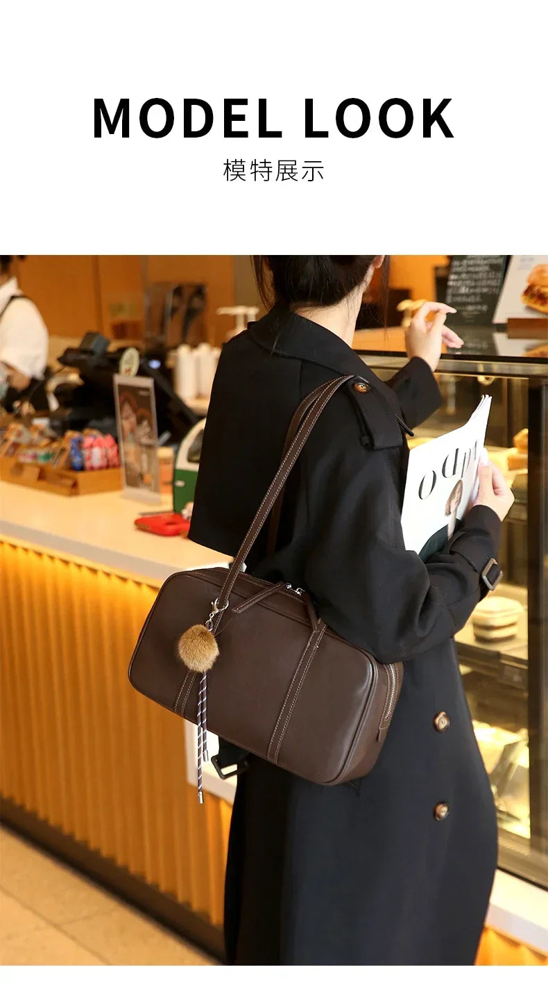 Women's Cow Genuine Leather Shoulder Bags Ladies Fashion Designer Luxury Handbags Female Retro Commute Boston Cowhide Handbag