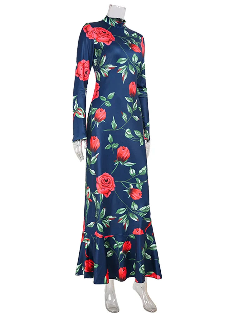Flower Prints O Neck Women Dresses Sheath Trendy Fashion Elegant Evening Party Outfits Female Bodycon Long Sleeve Robes