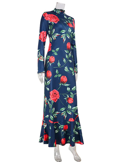 Flower Prints O Neck Women Dresses Sheath Trendy Fashion Elegant Evening Party Outfits Female Bodycon Long Sleeve Robes