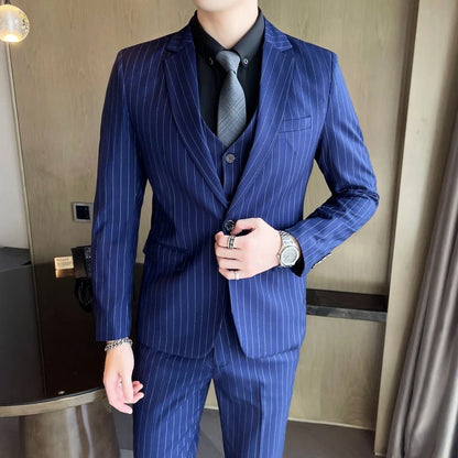 New three-piece suit with tailored striped business suit blazer and trousers set. Korean fashion trend. Stylish wedding attire.
