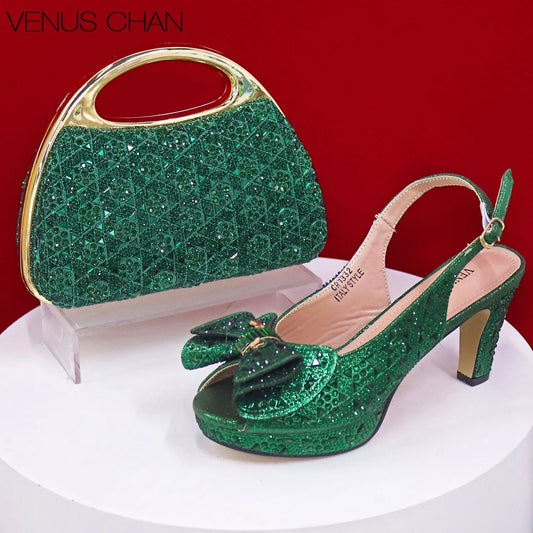 Style Dark Green Color Rhinestone Elegant High Heels Nigeria Popular Design African Ladies Shoes And Bag Set