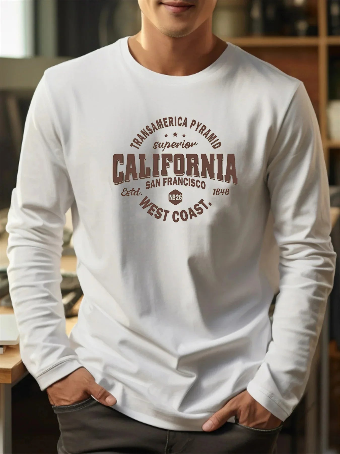 Men's 100% pure cotton loose and comfortable sports and leisure California letter printed round neck long sleeved T-shirt top