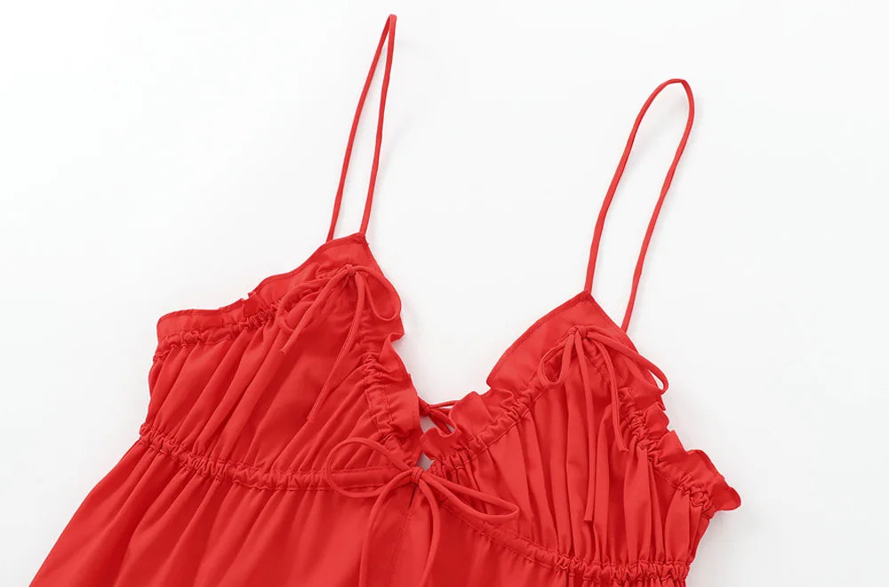 Women's Sexy Fashion Bow Tied Ruffled V-Neck Tank Top Thin Straps Backless Camisole Female Mujer