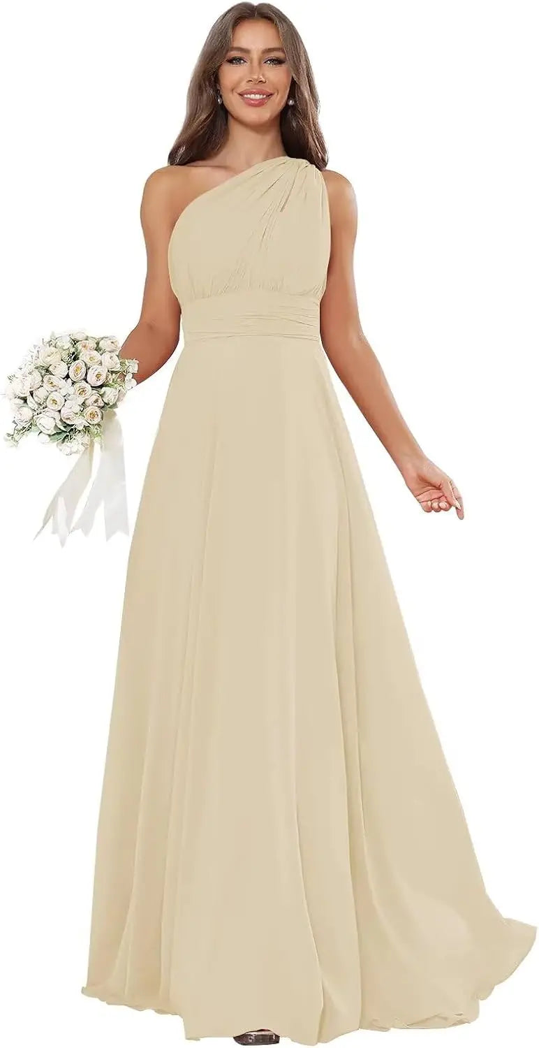 Vestidos de Daminha de Um Ombro para Mulheres Vestido de Noite Formal Longo de Chiffon Plissado Vestidos de Madrinha para Casamentos