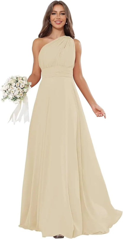 Vestidos de Daminha de Um Ombro para Mulheres Vestido de Noite Formal Longo de Chiffon Plissado Vestidos de Madrinha para Casamentos