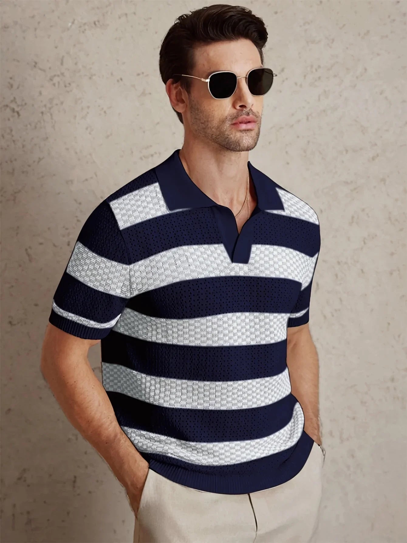 Daily Casual Mens Knitted Polo Shirts 2026 Summer Fashion Striped Contrast Color Knit Pullovers Men Stylish Turn-down Collar Top