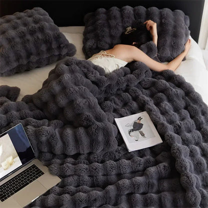 Cozy Rabbit Hair Bubble Velvet Blanket for Napping Soft Fuzzy Plush Bed Cover Sofa Throw Blanket All Season Warmth