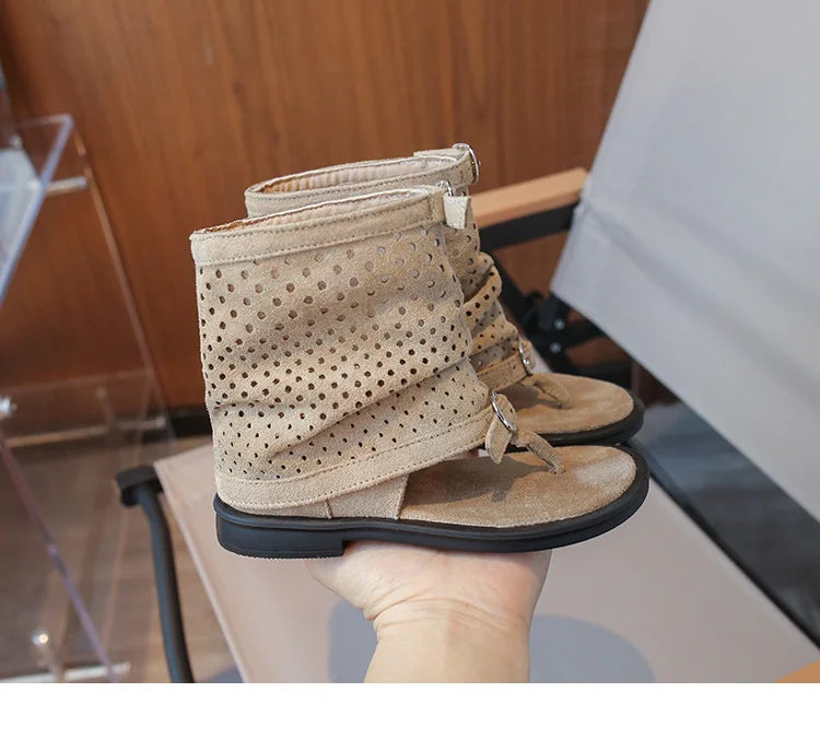 Ankle-strap Summer Slouchy Boots for Girls Suede Leather High-top Sandals Princess Cut-outs Flip Flop Dress Shoes Child J03203
