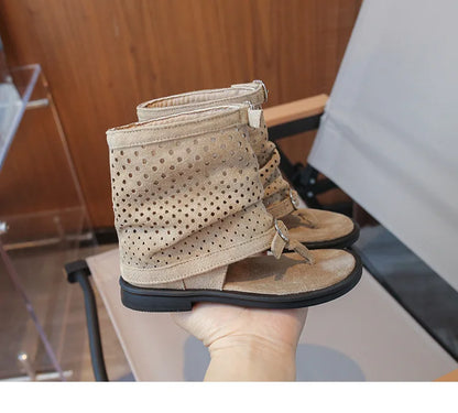 Ankle-strap Summer Slouchy Boots for Girls Suede Leather High-top Sandals Princess Cut-outs Flip Flop Dress Shoes Child J03203