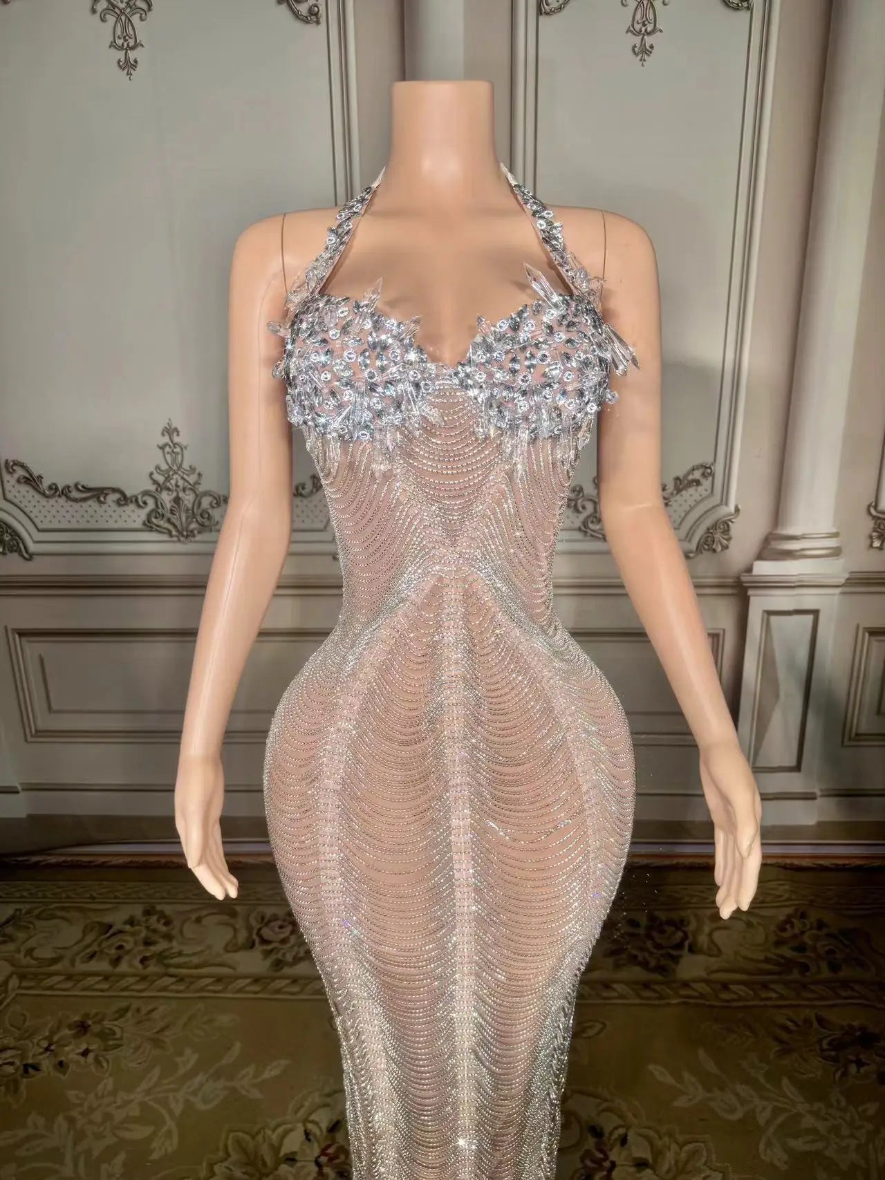 Silver Rhinestone Crystals Chains Transparent Long Dress Evening Birthday Celebrate Dress Sexy Performance plus size