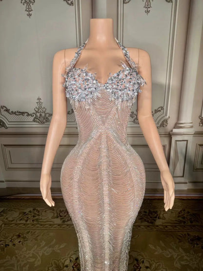 Silver Rhinestone Crystals Chains Transparent Long Dress Evening Birthday Celebrate Dress Sexy Performance plus size