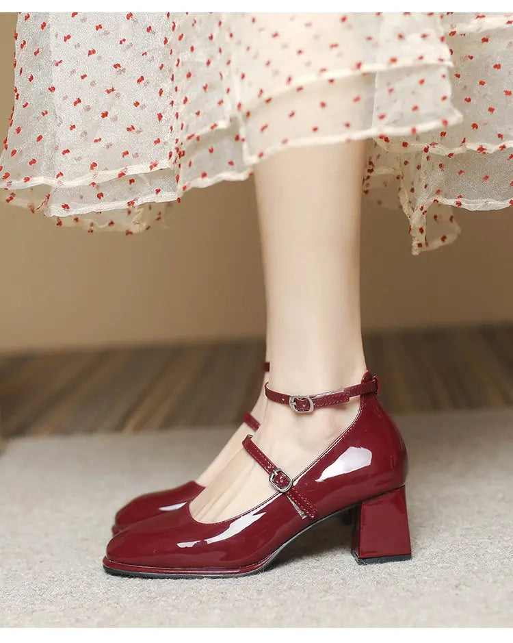 2024 New Mary Jane Shoes High Quality Leather Shoes Shallow Square Toe Womens Sandals Buckle Strap Women's Pumps