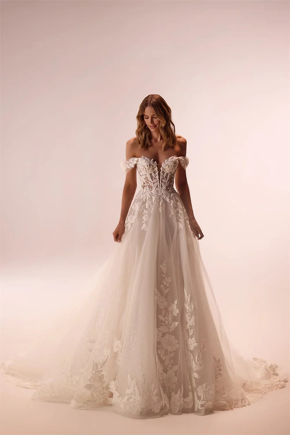 Charming Off The Shoulder 3D Flower Lace Applique A Line Wedding Dresses Custom Made 2025 Rode De Morrie