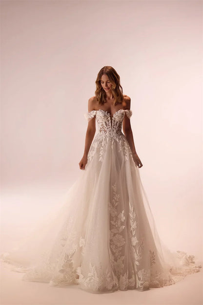 Charming Off The Shoulder 3D Flower Lace Applique A Line Wedding Dresses Custom Made 2025 Rode De Morrie