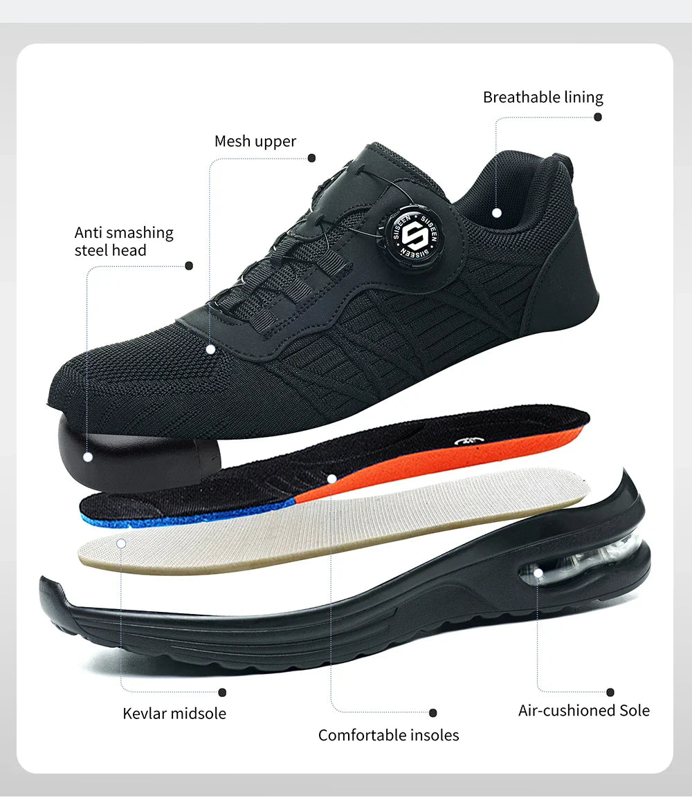 New Men's Rotary Buckle Safety Shoes Anti-Impact Anti-Piercing Lightweight Work Boots Fashion Sporty Design for Outdoor Pro