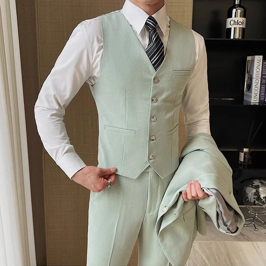( Jacket + Vest + Pants ) High-end Men's Slim Business Casual Suit Groom Wedding Dress Party Suit Blazers Waist Coat Trousers