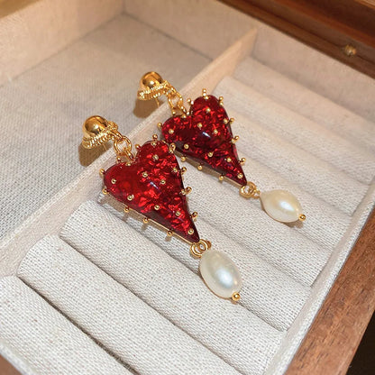 Charming Red Color Resin Love Heart Dangle Earrings for Women Baroque Freshwater Pearl Long Earring Wedding Party Jewelry