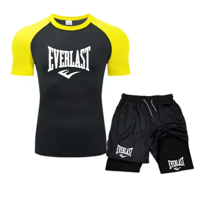 Men's Compress Shirt + 2-in-1 sports shorts 2pcs Set Leisure Breath Short Sleeve Sport Jogging Gym Brand Print Clothing