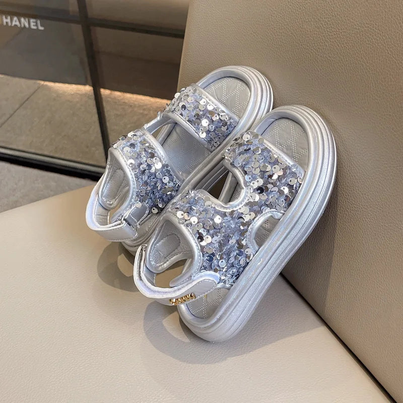 Summer Children's Sandals Sequins Thick Soled Girls Causal Princess Open-toe Sandals Fashion Non-slip Kids Beach Shoes Versatile