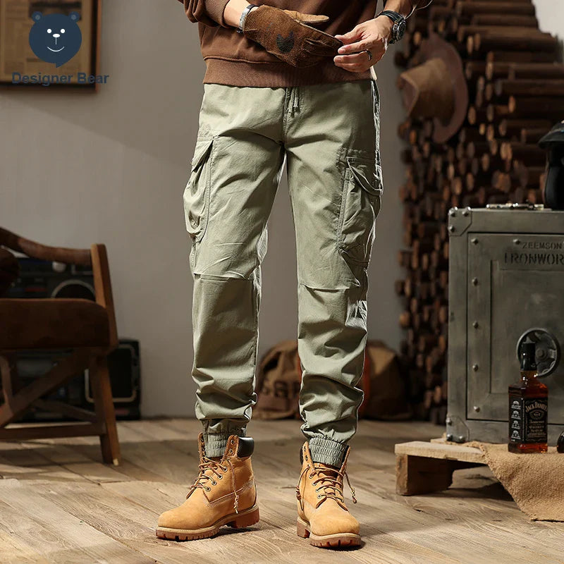 Brand Clothing 2026 Spring Summer Men's Baggy Cargo Pants Multi-Pocket Work Joggers Casual Cotton Tapered Trousers Long Pants