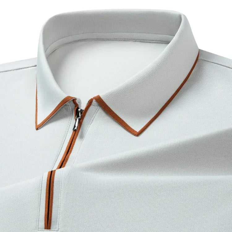Men's Silk Zipper Polo Shirt Short Sleeve Mulberry T-Shirt Metal Zipper, Stand Collar Luxury Casual Summer Top Cotton&Linen Tee