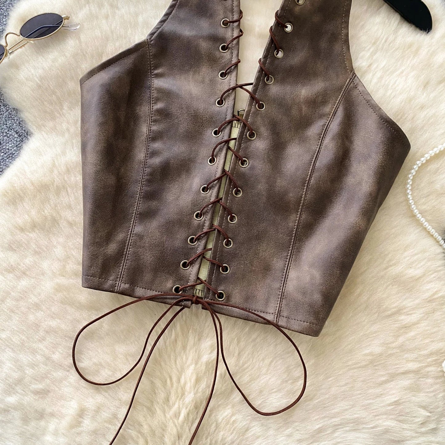 New Sexy Crop Top Inside Women Black PU Leather Rope Strap Hollow Out Punk Style Tank Tops Vest Fashion Backless Club Party Wear