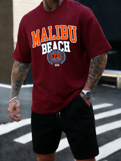 Malibu Beach 73 Usa Printing T-Shirt Mens Cotton T Shirts O-Neck Summer Basics Clothes Casual Trendy All-Match Short Sleeve